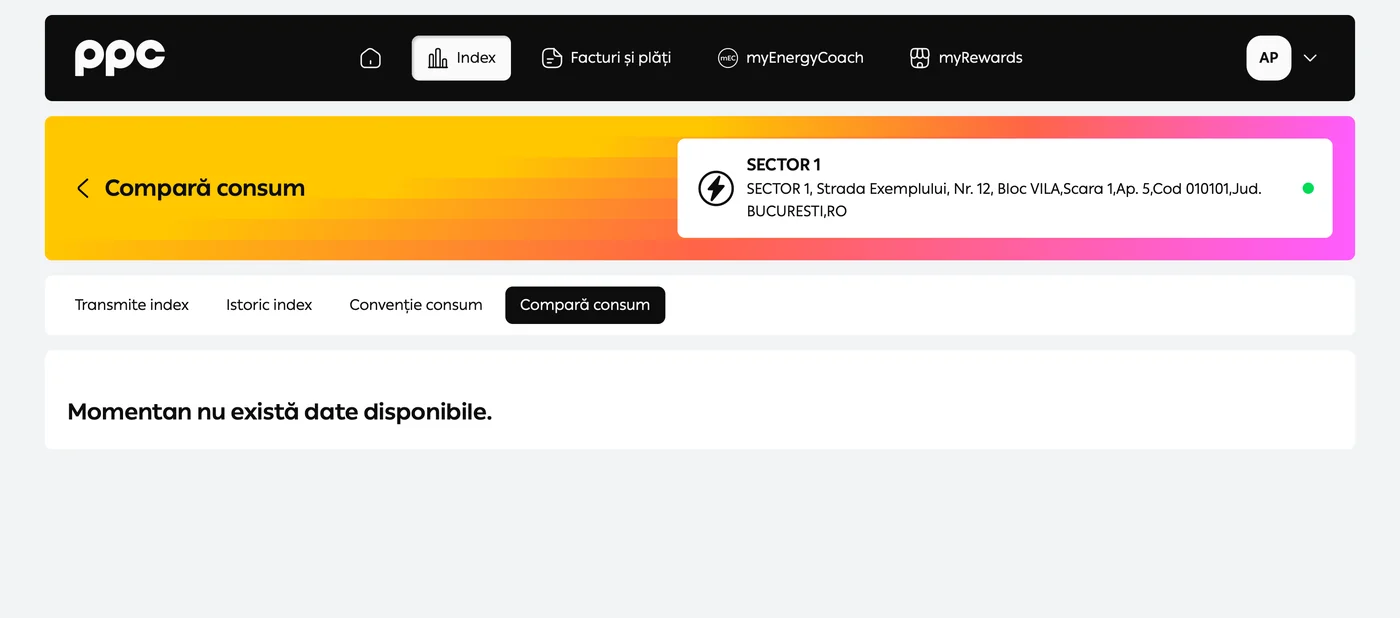 Tabul Compara consum din myPPC afiseaza mesajul ca momentan nu exista date disponibile