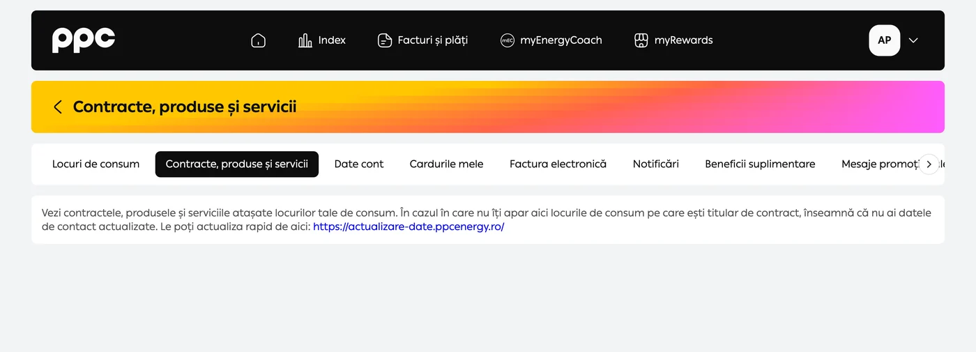 Sectiunea Contracte, produse si servicii din myPPC, goala, cu un link catre un alt site pentru actualizarea datelor