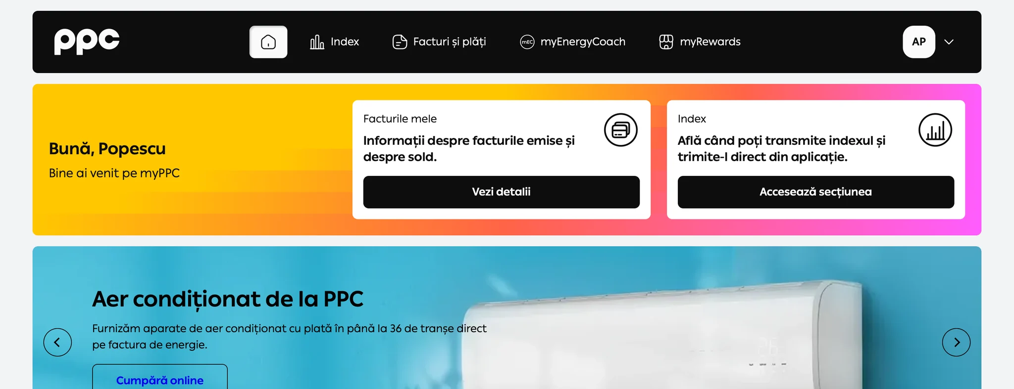 Ecranul principal al noii aplicatii myPPC, cu bara de navigare si cardurile pentru facturi si index