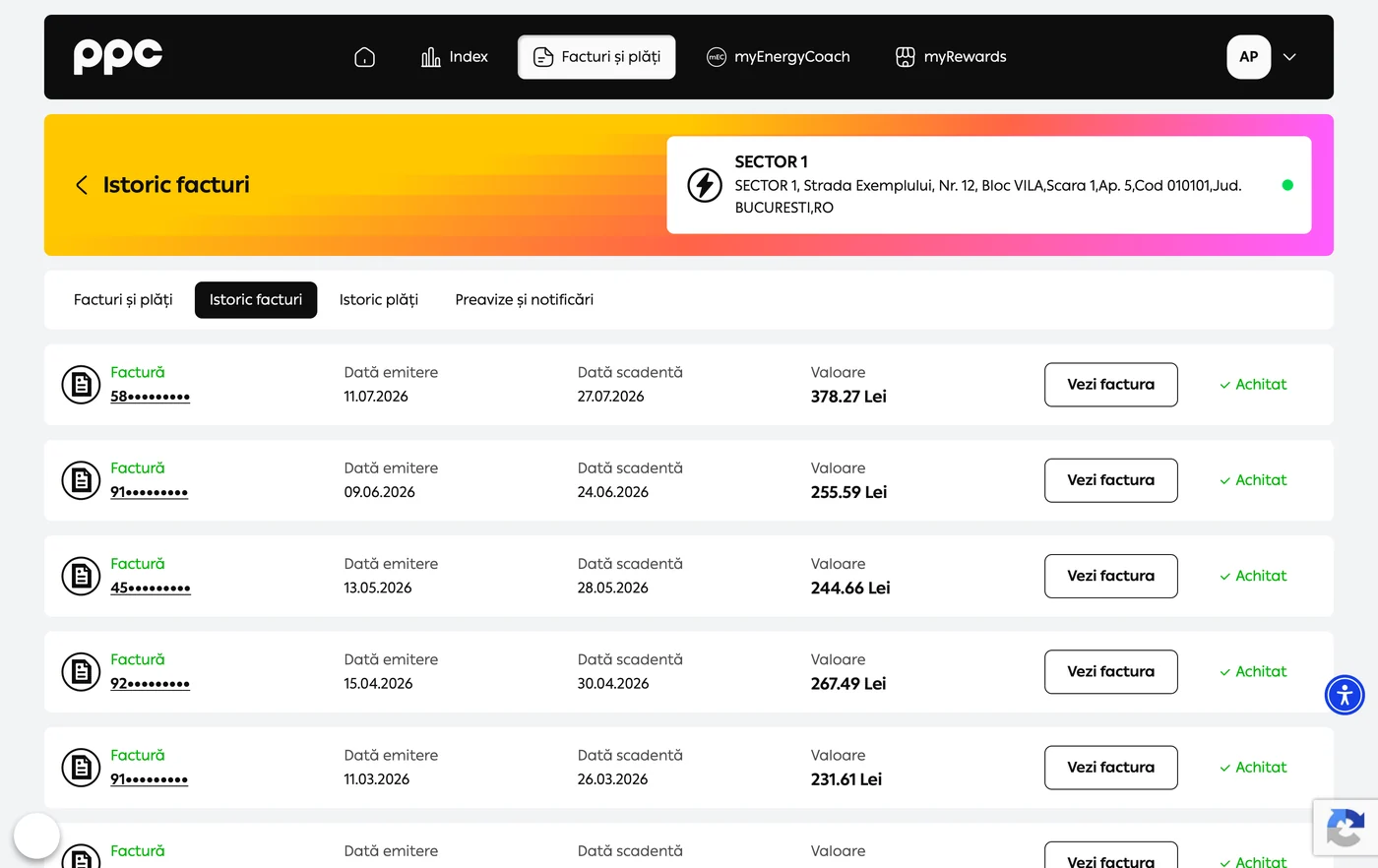 Istoricul de facturi din myPPC, cu data de emitere, data scadenta, valoarea si statusul fiecarei facturi