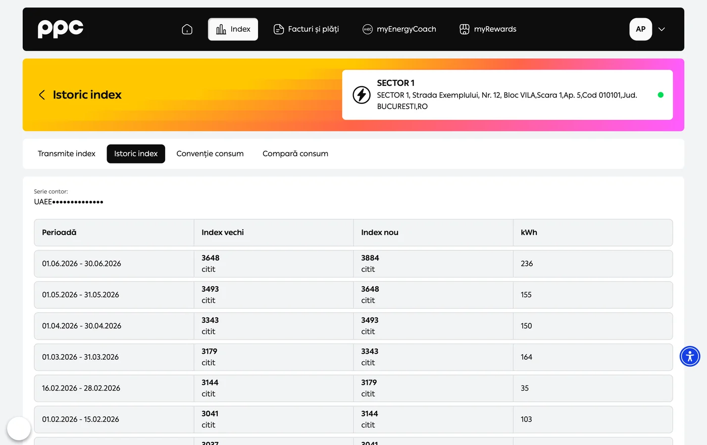 Istoricul de index din myPPC, cu perioada, indexul vechi, indexul nou si consumul in kWh