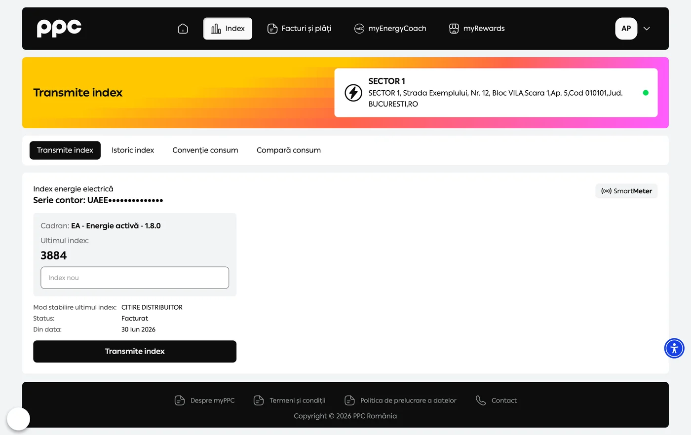 Ecranul de transmitere a indexului in myPPC, cu ultimul index si campul pentru indexul nou
